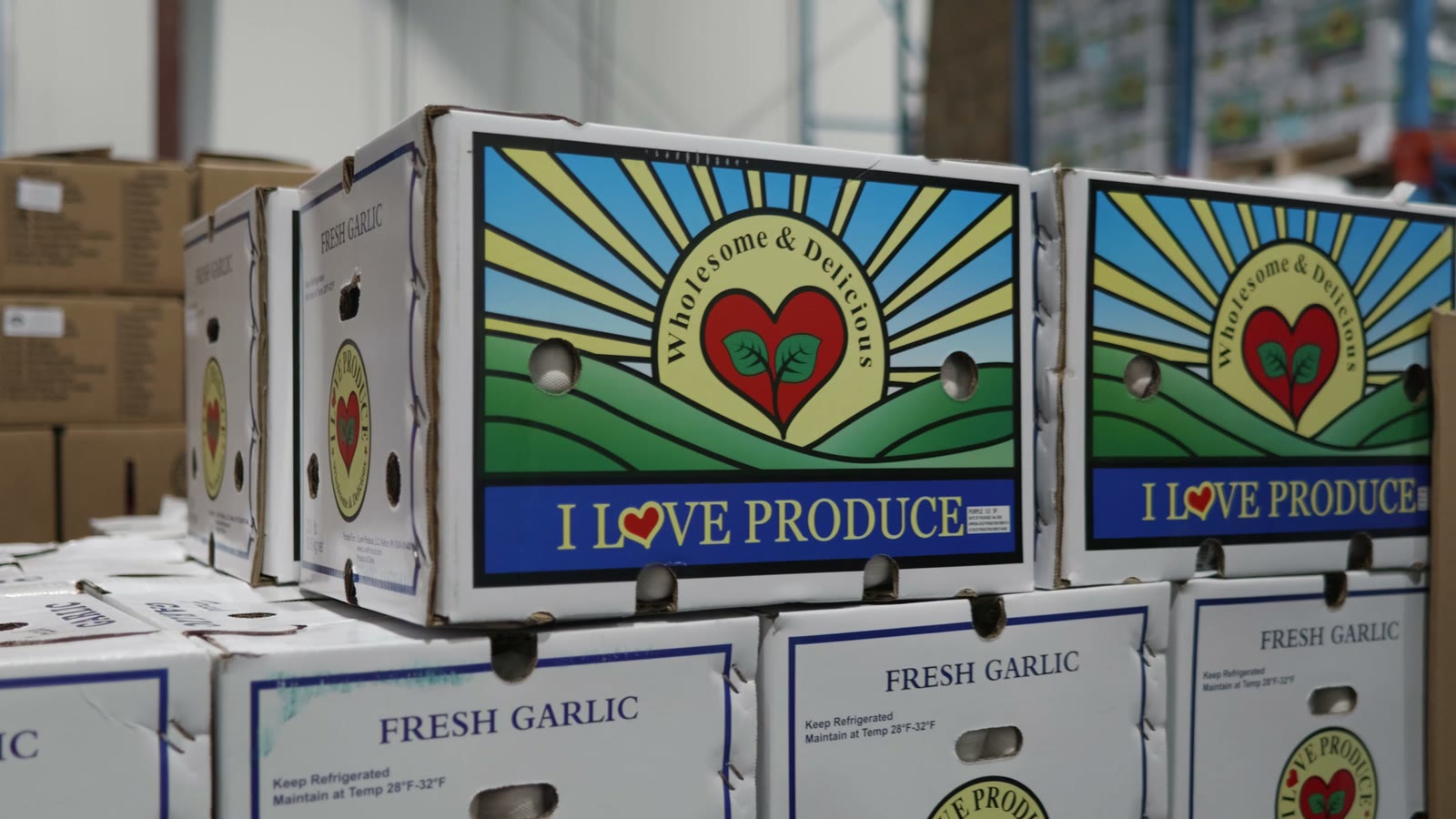 I Love Produce boxes of fresh garlic ready to ship